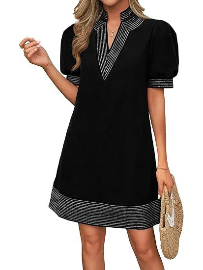 Women's Floral Stripe Trim Puff Sleeve Mini Dress