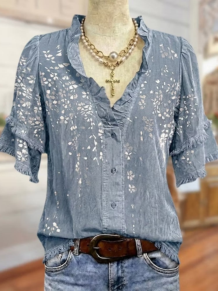 Women's Ruffle V Neck Floral Fringe Blouse