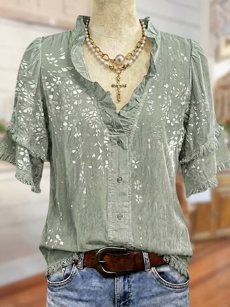 Women's Ruffle V Neck Floral Fringe Blouse