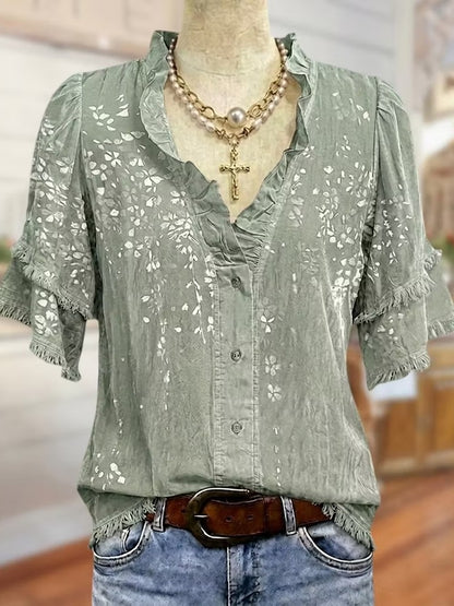 Women's Ruffle V Neck Floral Fringe Blouse