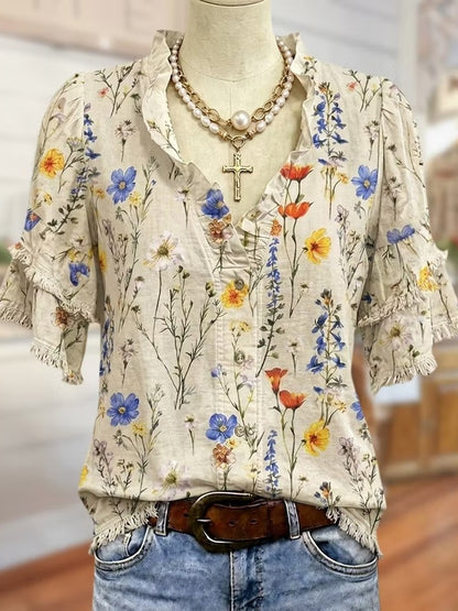 Women's Ruffle V Neck Floral Fringe Blouse