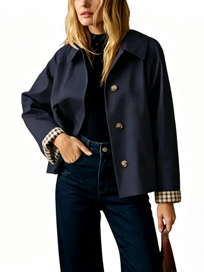 Women's Cropped Trench Jacket With Plaid Cuff Lining