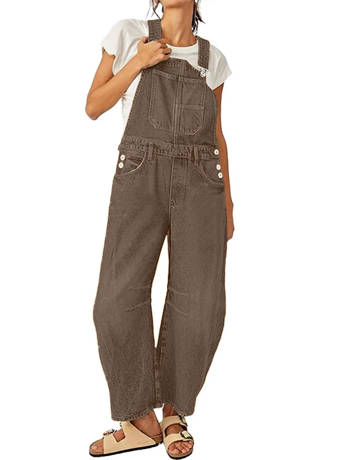 Women's Barrel Leg Denim Overalls with Pockets