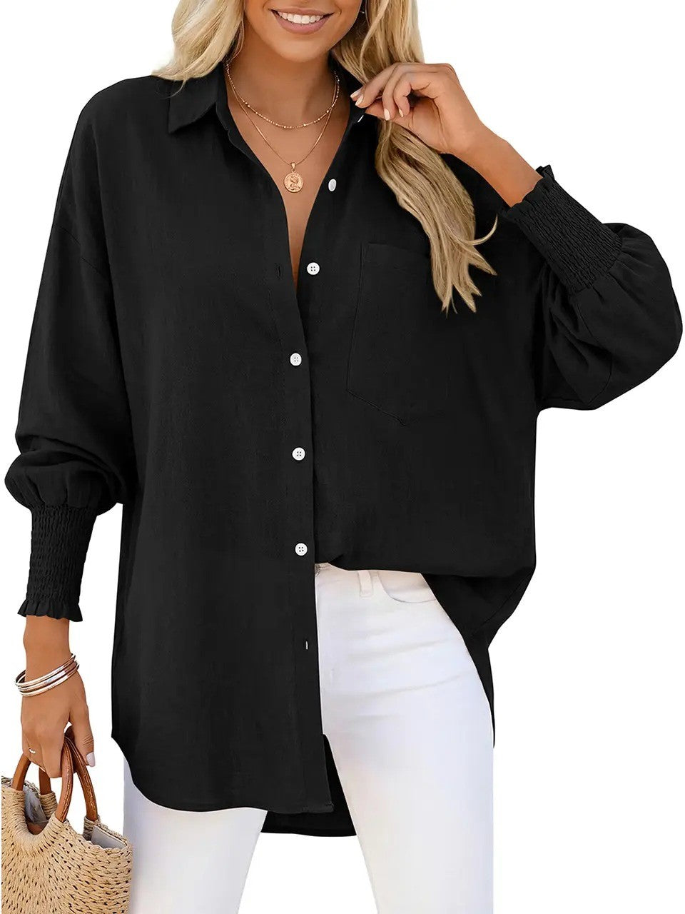 Women's Oversized Smocked‑Cuff Button‑Down Shirt