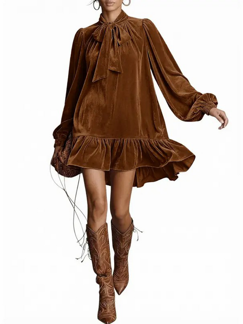 Women's Tie Neck Velvet Ruffle Hem Mini Dress