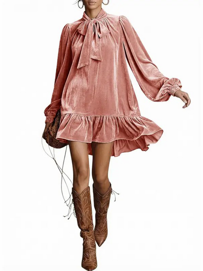 Women's Tie Neck Velvet Ruffle Hem Mini Dress