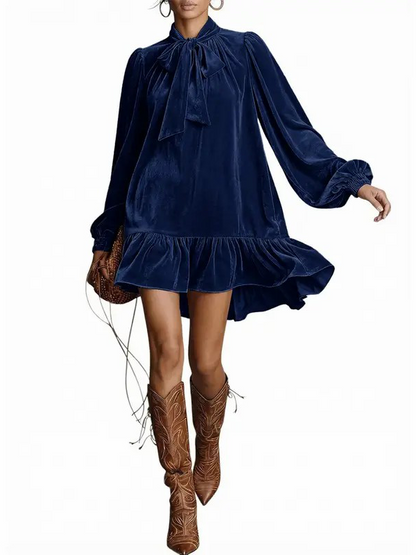 Women's Tie Neck Velvet Ruffle Hem Mini Dress