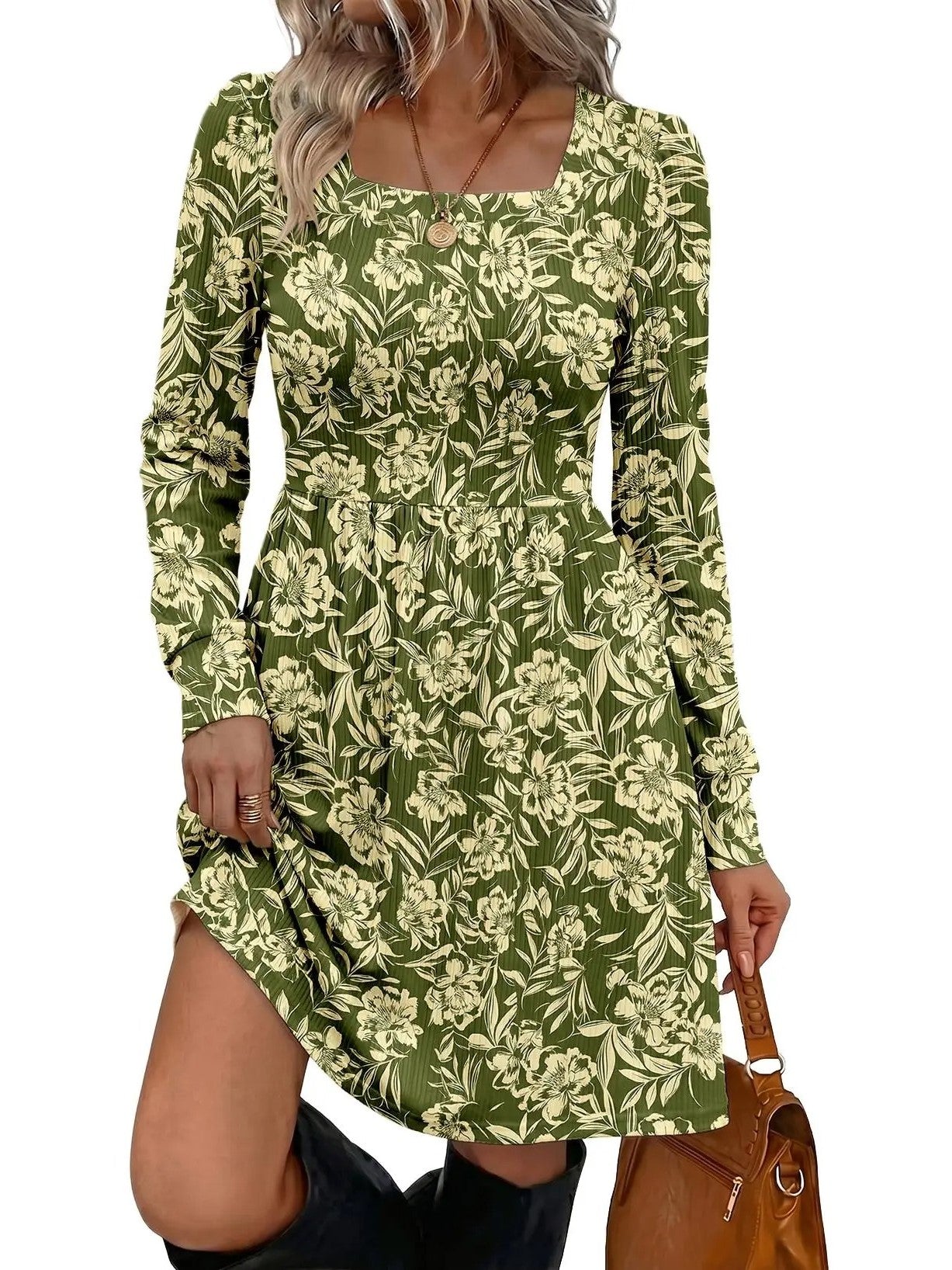 Womens Boho Floral Long Sleeve Empire Waist Dress