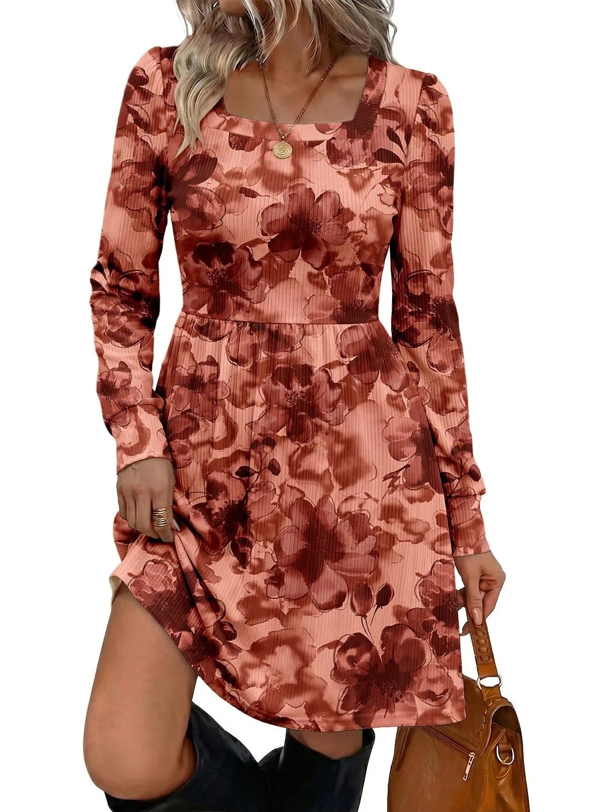 Womens Boho Floral Long Sleeve Empire Waist Dress
