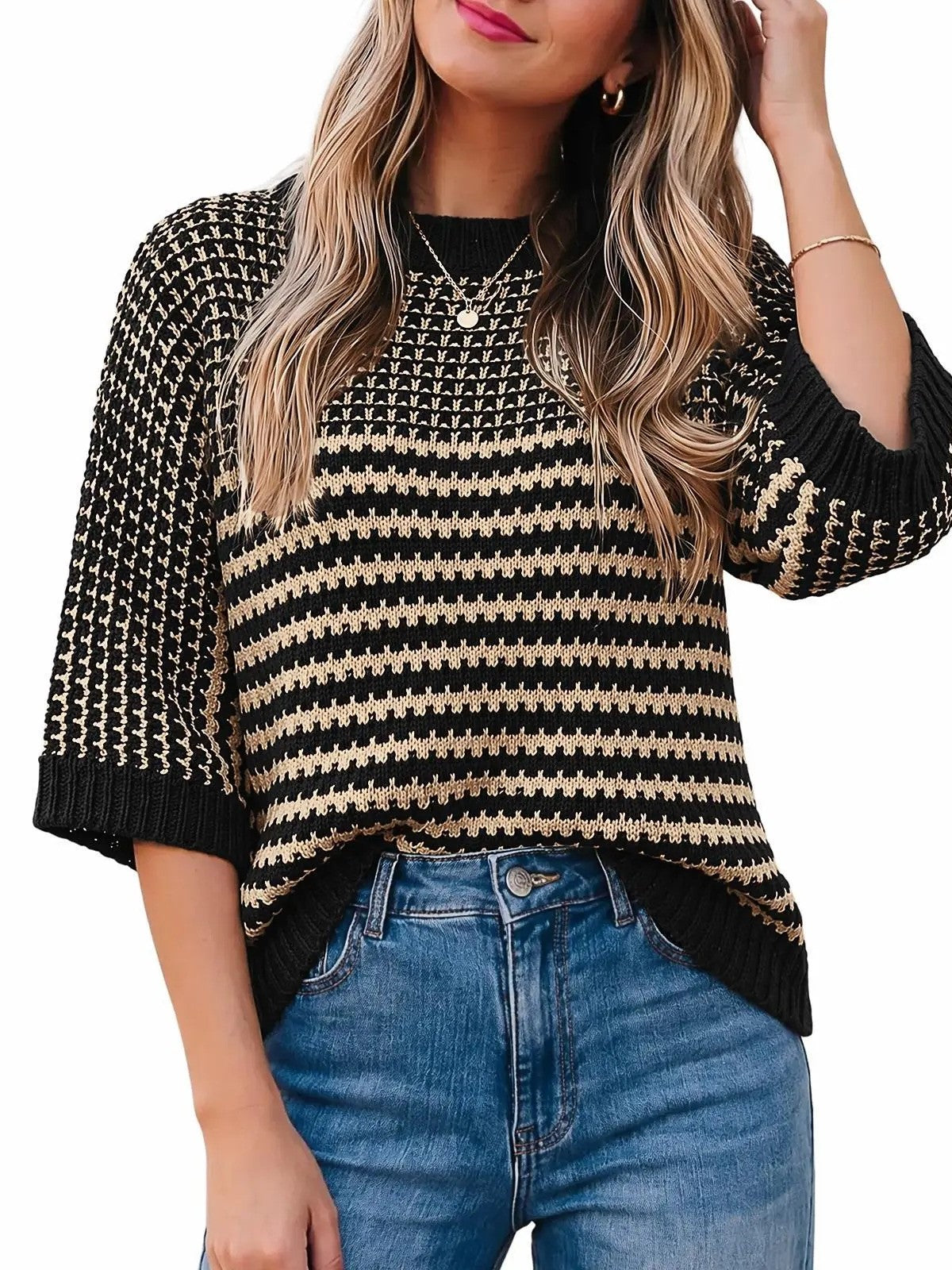 Womens 3/4 Sleeve Striped Sweater Tops