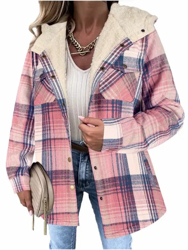 Women's Sherpa Hood Plaid Overshirt