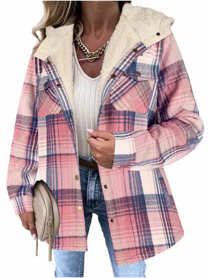 Women's Sherpa Hood Plaid Overshirt