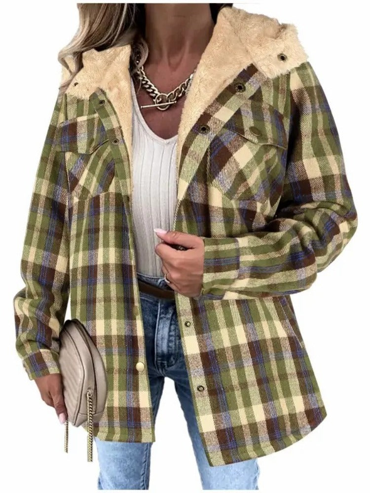 Women's Sherpa Hood Plaid Overshirt