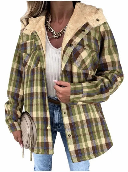 Women's Sherpa Hood Plaid Overshirt