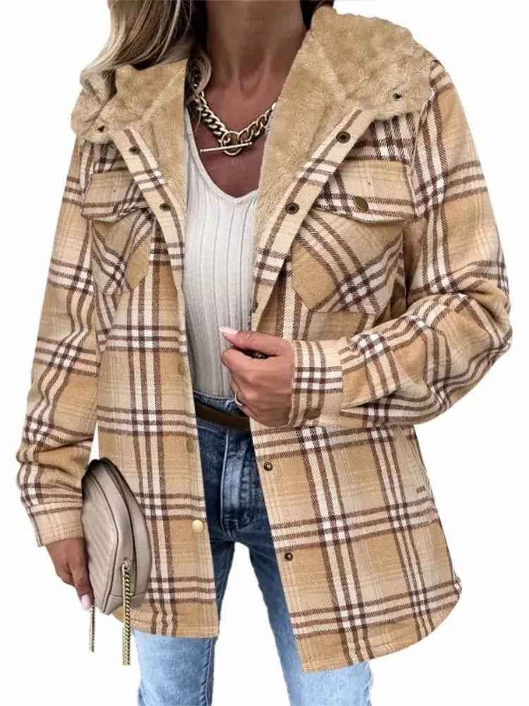 Women's Sherpa Hood Plaid Overshirt