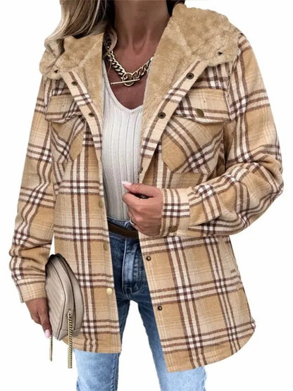 Women's Sherpa Hood Plaid Overshirt