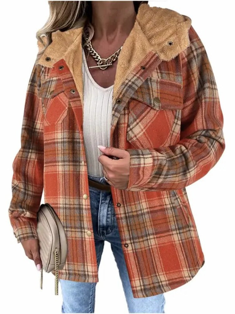 Women's Sherpa Hood Plaid Overshirt