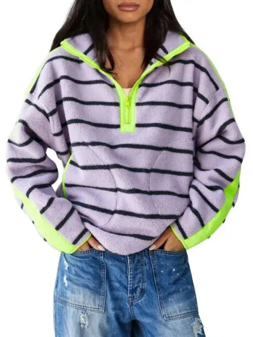 Women's Light Baggy Striped Half-Zip Fleece Sweatshirt