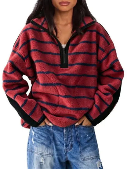 Women's Light Baggy Striped Half-Zip Fleece Sweatshirt
