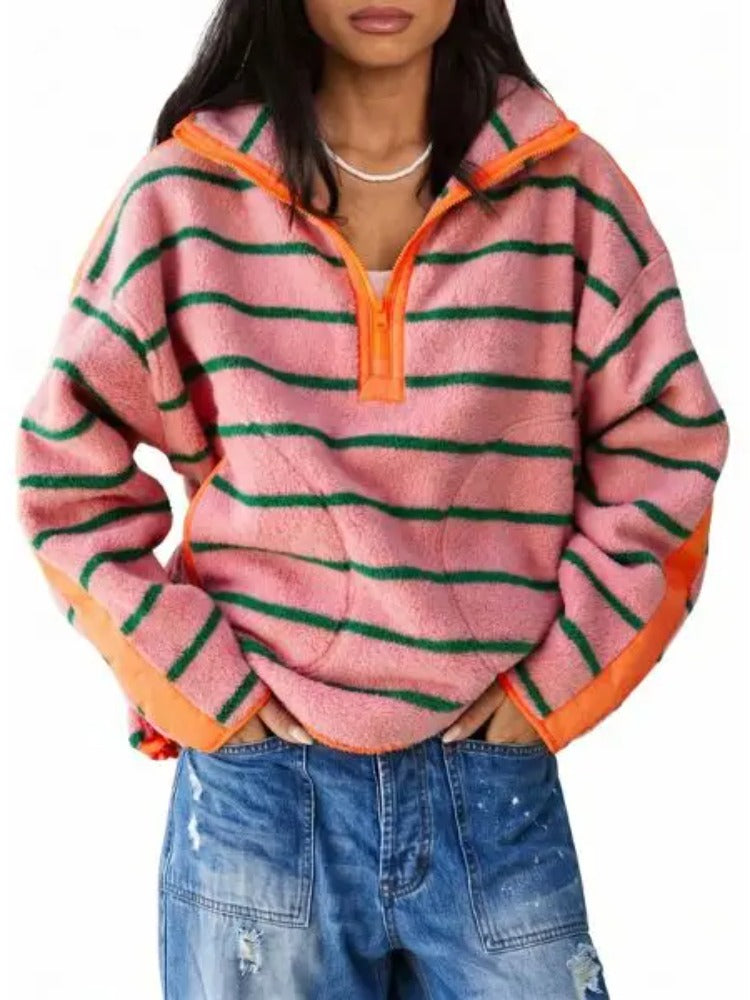 Women's Light Baggy Striped Half-Zip Fleece Sweatshirt
