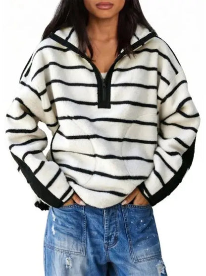Women's Light Baggy Striped Half-Zip Fleece Sweatshirt