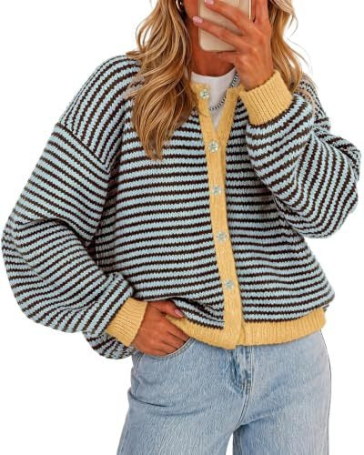Women's Striped Long Sleeve Button Up Cardigan