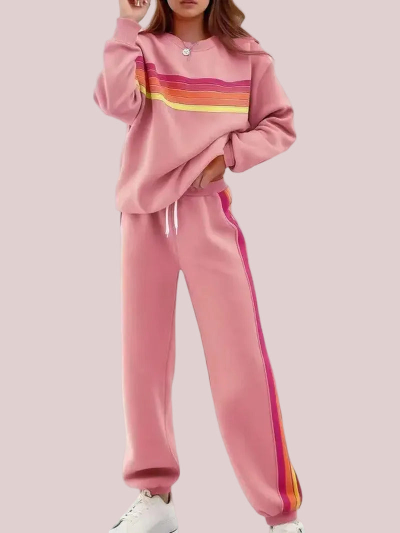 Women's Retro Striped Long Sleeve Sweat Top & Jogger Pants Two‑Piece Set
