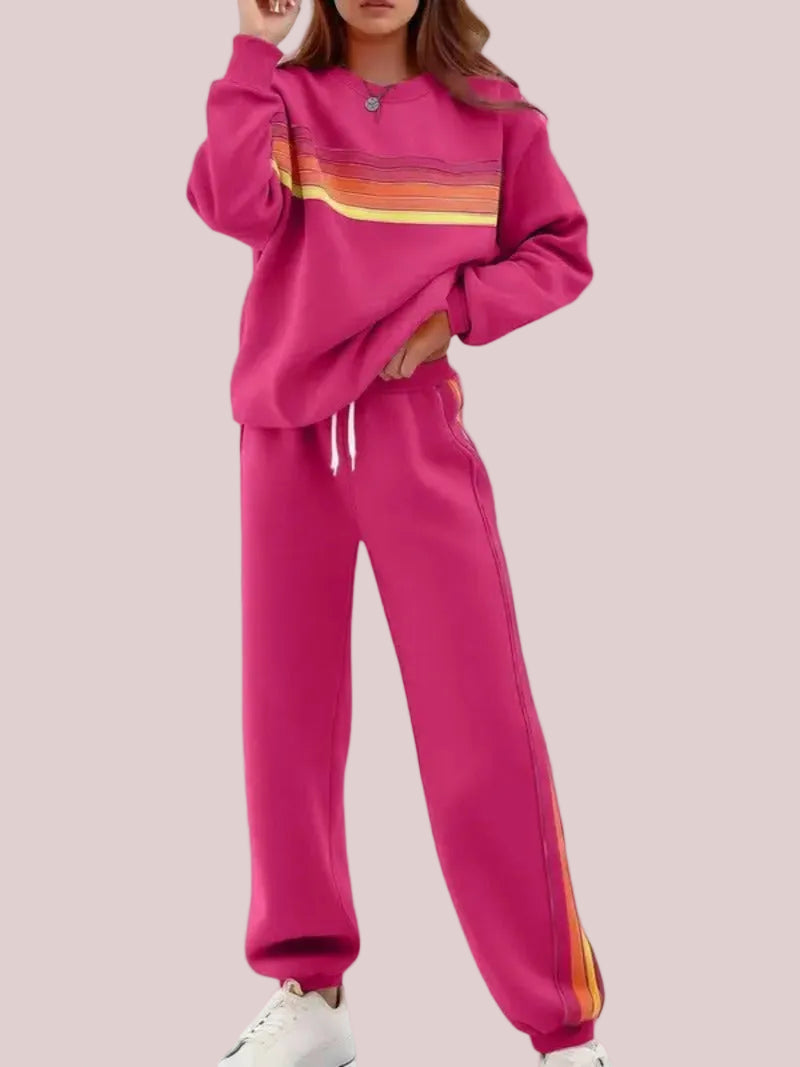 Women's Retro Striped Long Sleeve Sweat Top & Jogger Pants Two‑Piece Set