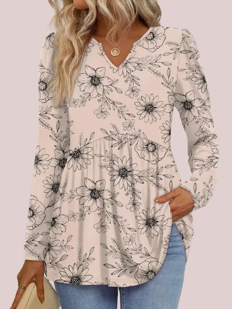 Women's V‑Neck Babydoll Print Tunic Top