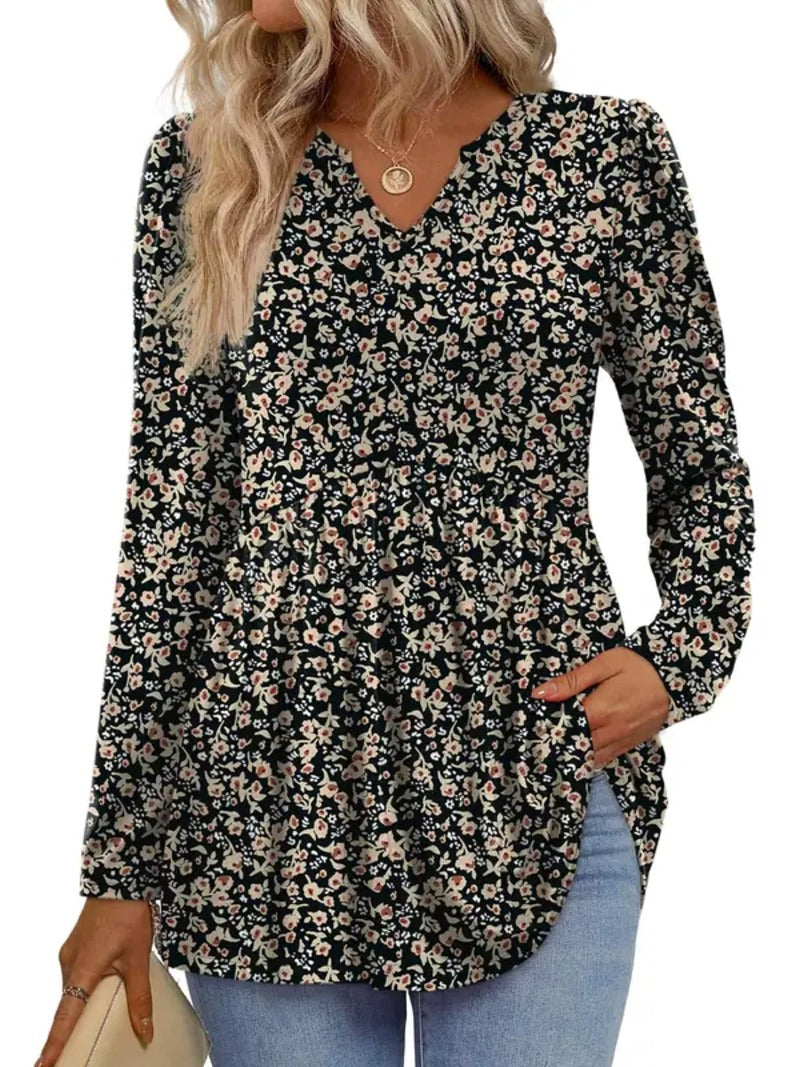 Women's V‑Neck Babydoll Print Tunic Top