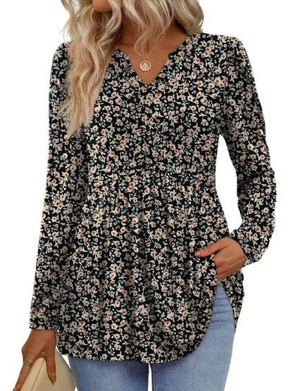 Women's V‑Neck Babydoll Print Tunic Top