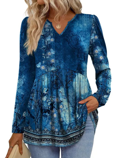 Women's V‑Neck Babydoll Print Tunic Top