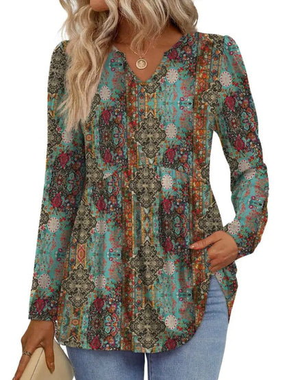 Women's V‑Neck Babydoll Print Tunic Top