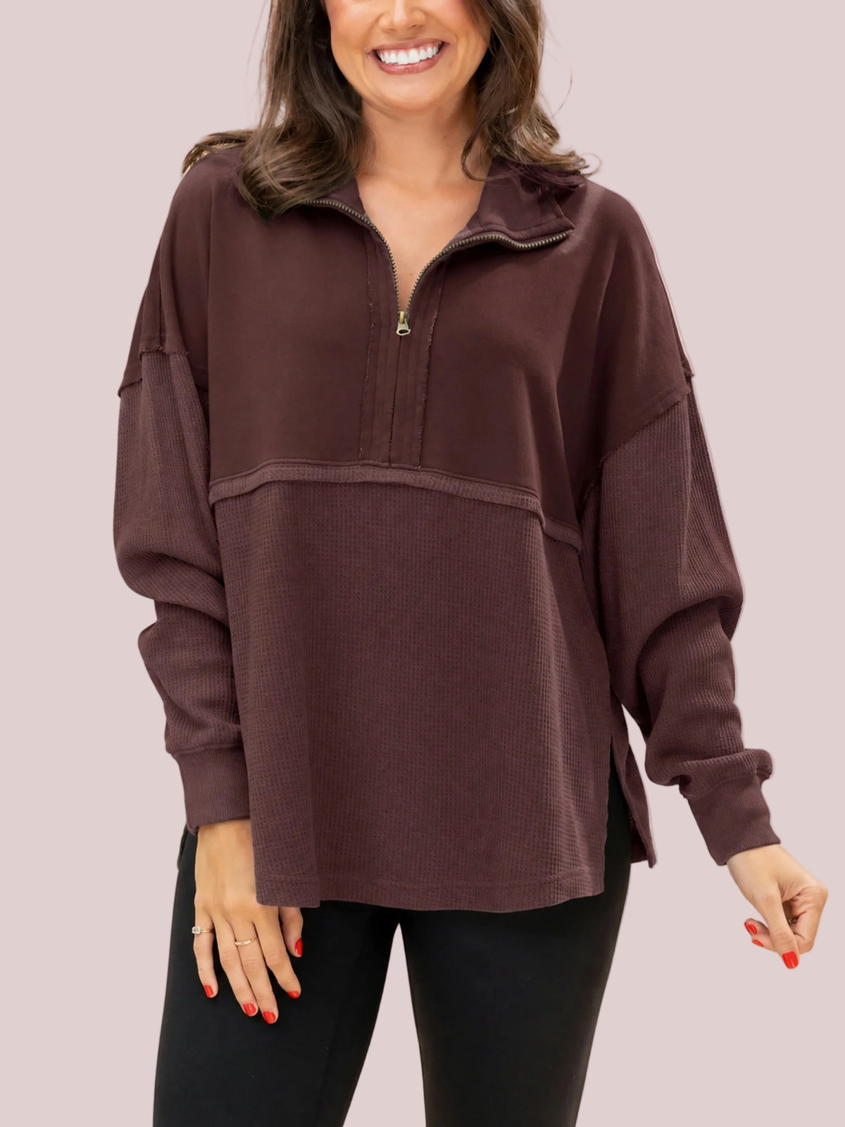 Women's Waffle Knit Spliced Half Zip Pullover