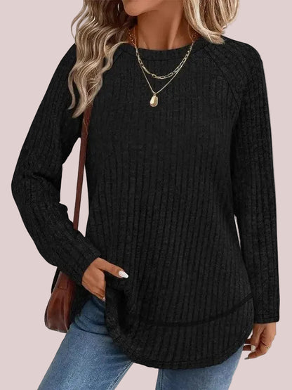 Women's Color Block Raglan Sleeve Ribbed Crewneck Tunic Blouse
