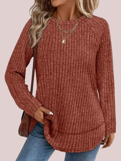 Women's Color Block Raglan Sleeve Ribbed Crewneck Tunic Blouse