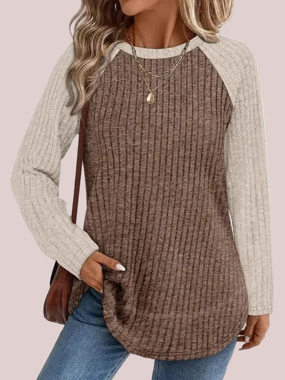 Women's Color Block Raglan Sleeve Ribbed Crewneck Tunic Blouse