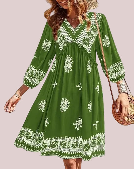 Women's Boho Printed Babydoll Mini Dress