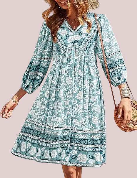 Women's Boho Printed Babydoll Mini Dress