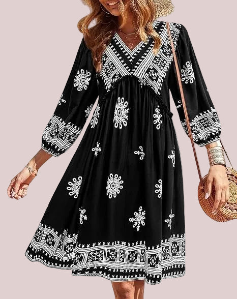 Women's Boho Printed Babydoll Mini Dress