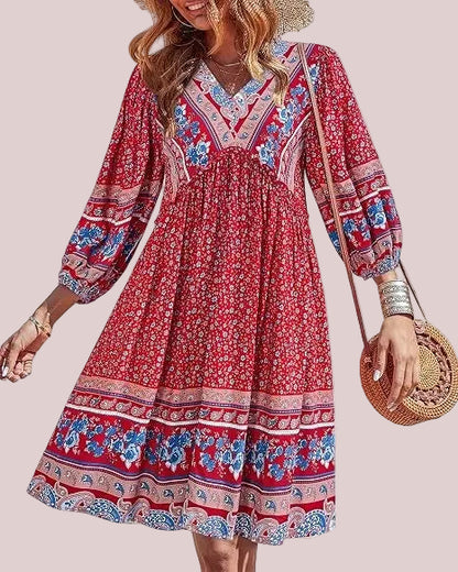 Women's Boho Printed Babydoll Mini Dress