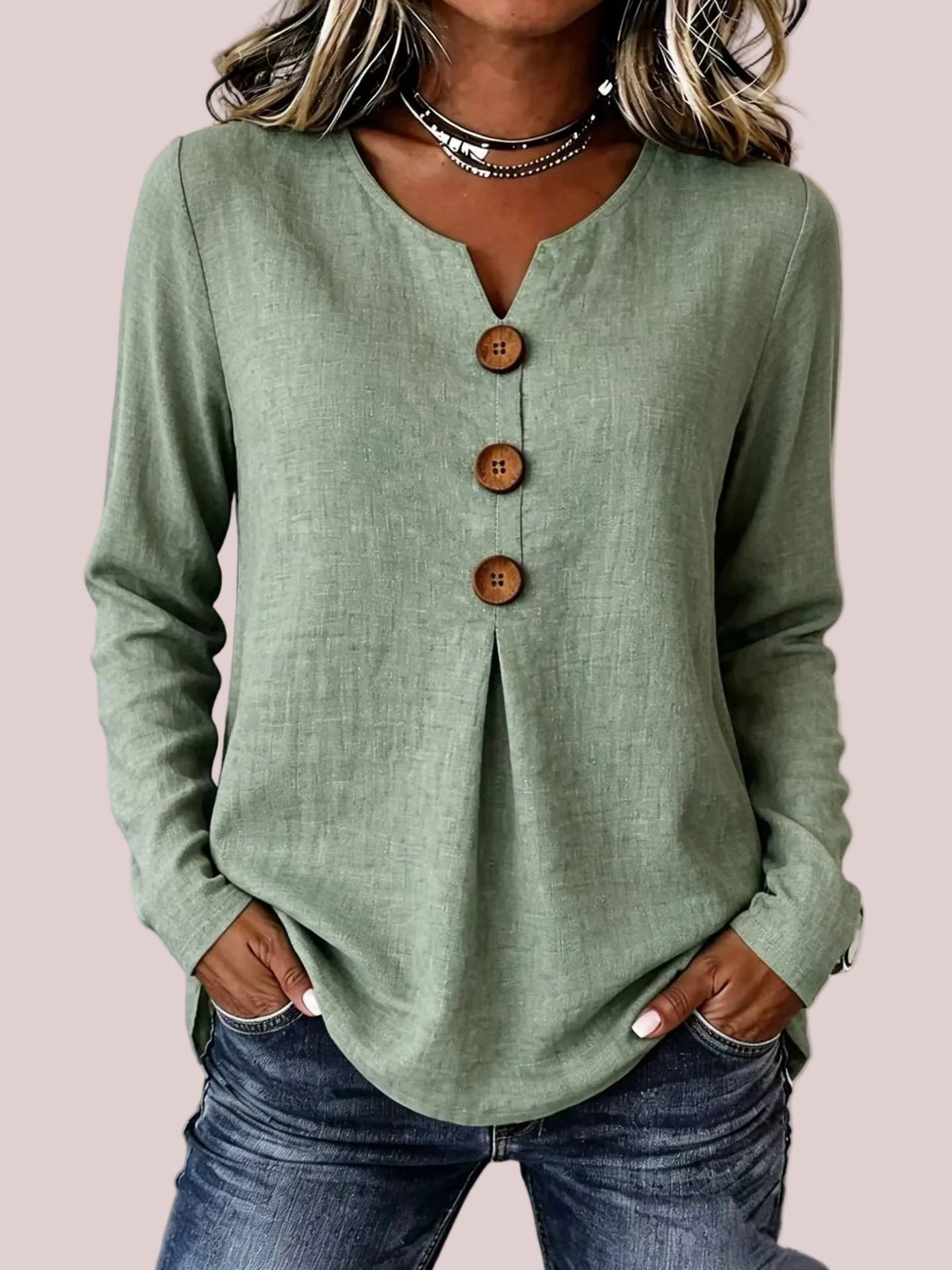 Women's Vintage Large Button Long Sleeve Blouse