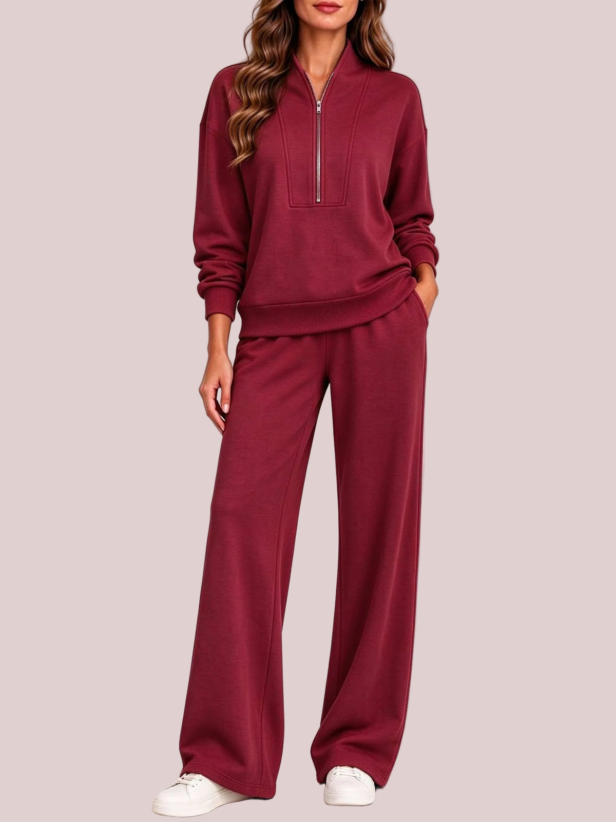 Women's Half Zip 2-Piece Wide Leg Loungewear Set