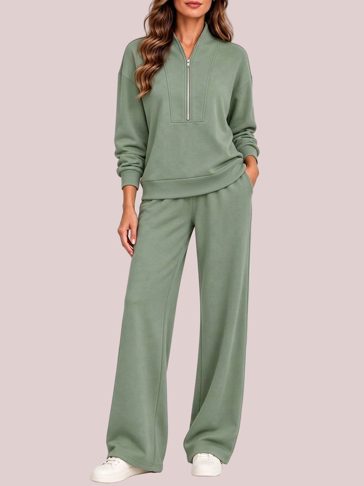 Women's Half Zip 2-Piece Wide Leg Loungewear Set