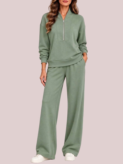 Women's Half Zip 2-Piece Wide Leg Loungewear Set
