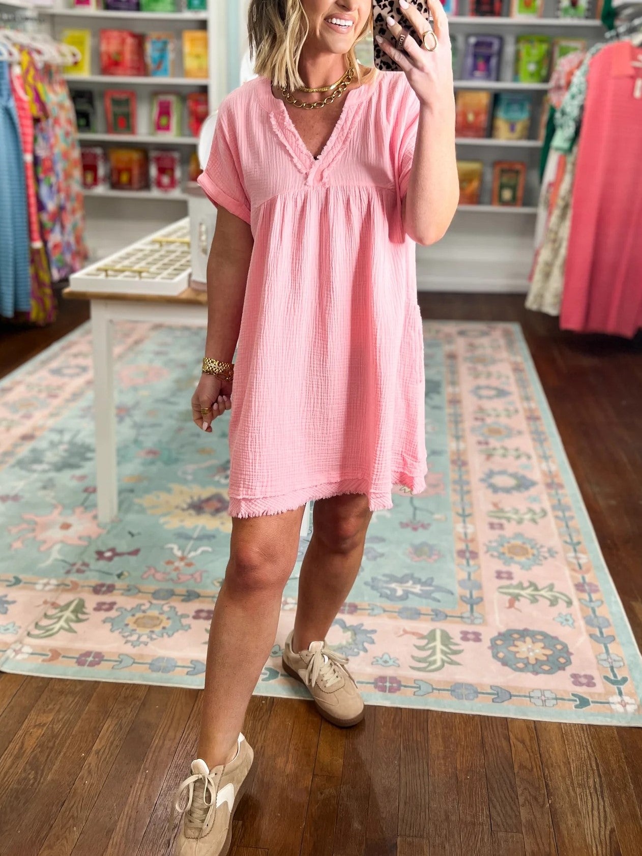 Women's V Neck Babydoll Dress with Frayed Trim