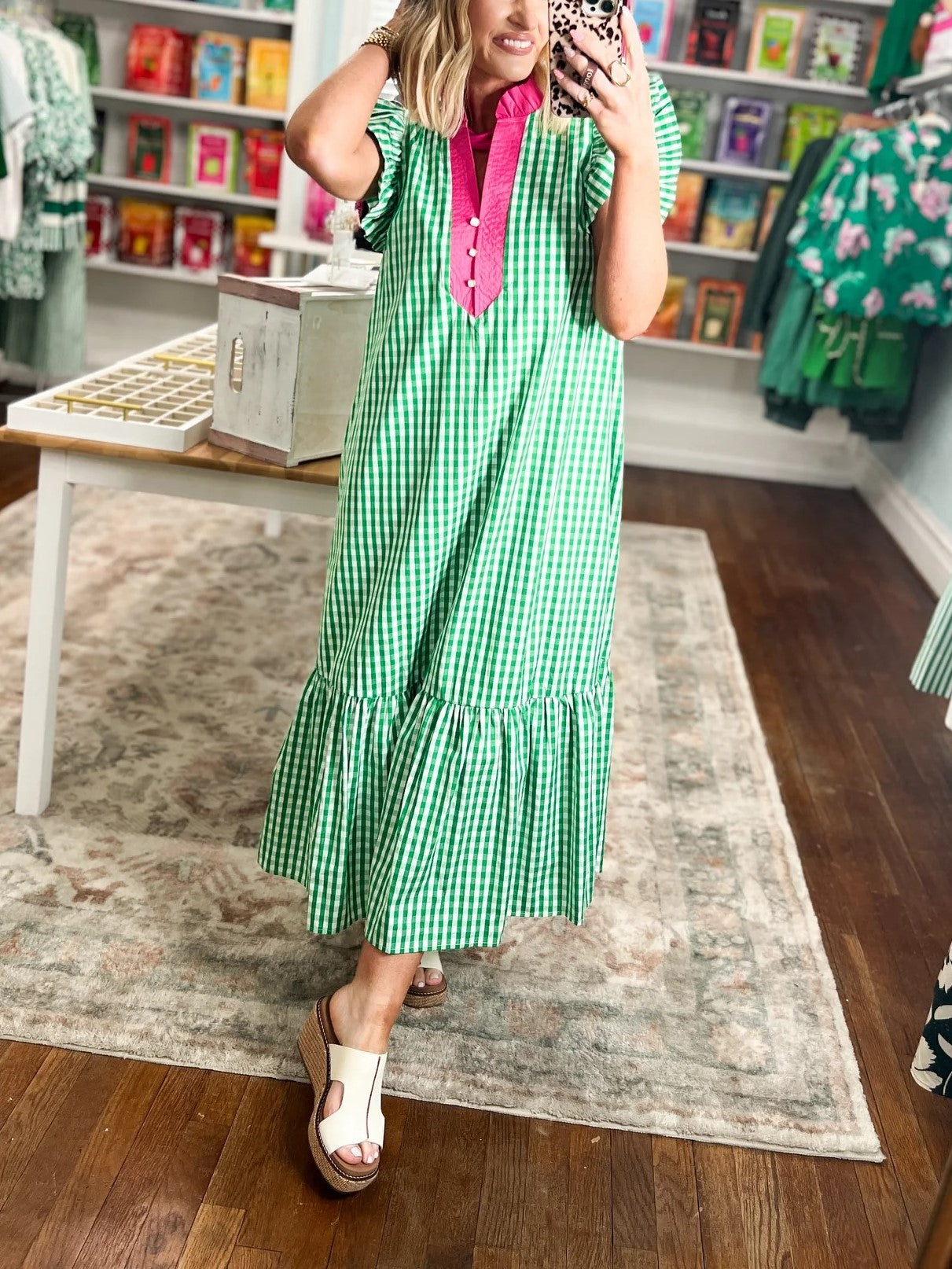 Women's Gingham Ruffle Sleeve Midi Dress