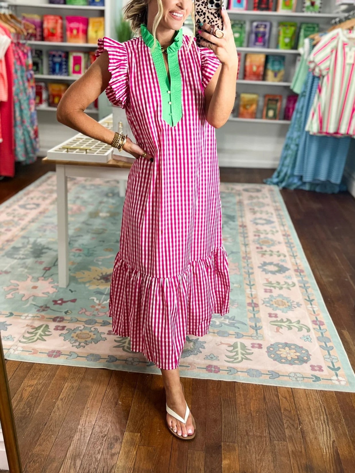 Women's Gingham Ruffle Sleeve Midi Dress
