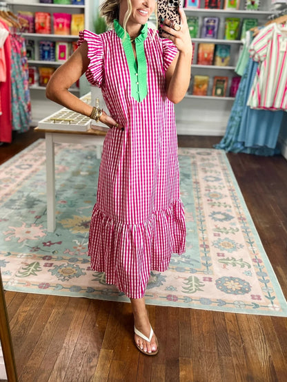 Women's Gingham Ruffle Sleeve Midi Dress