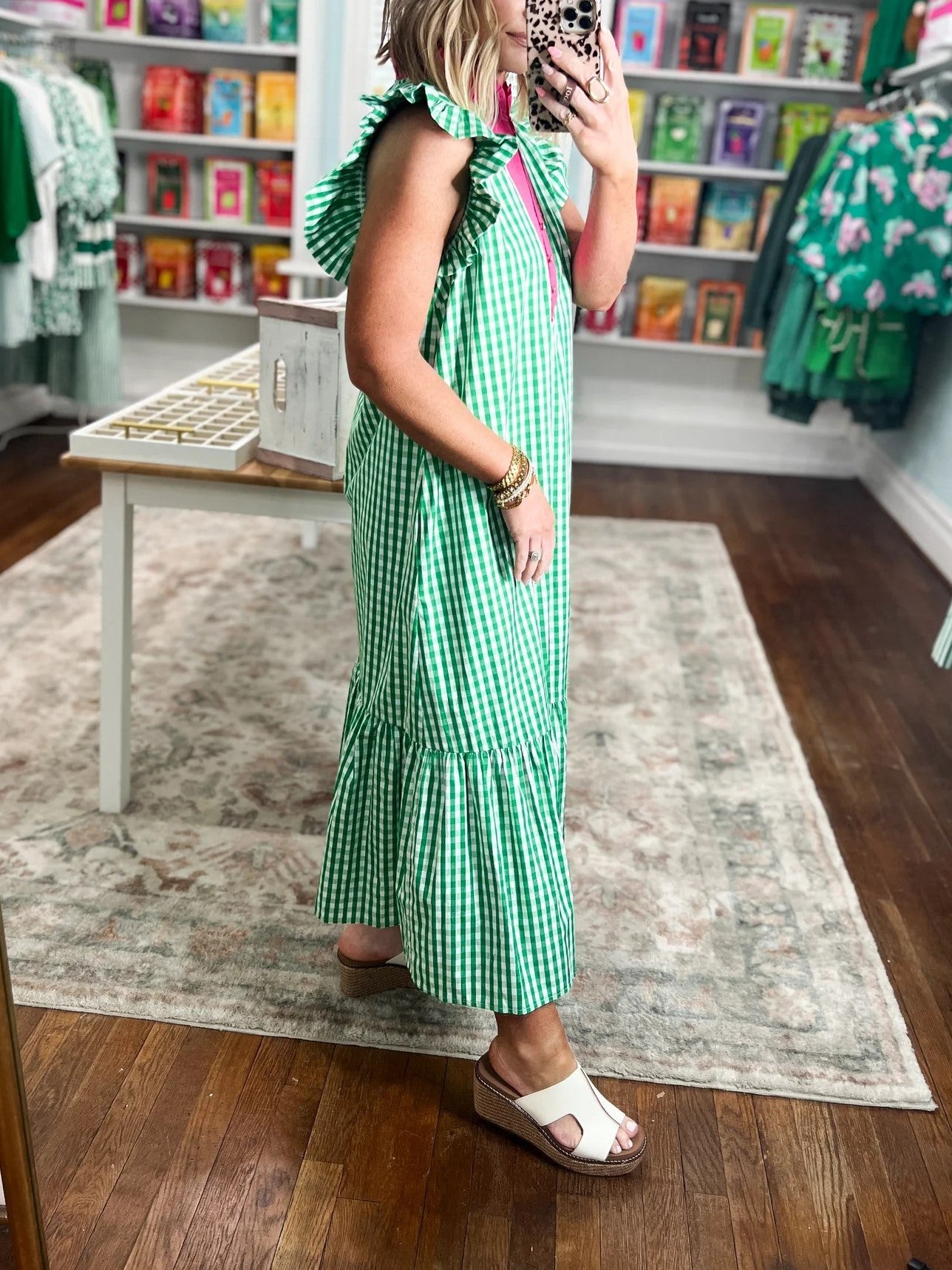 Women's Gingham Ruffle Sleeve Midi Dress